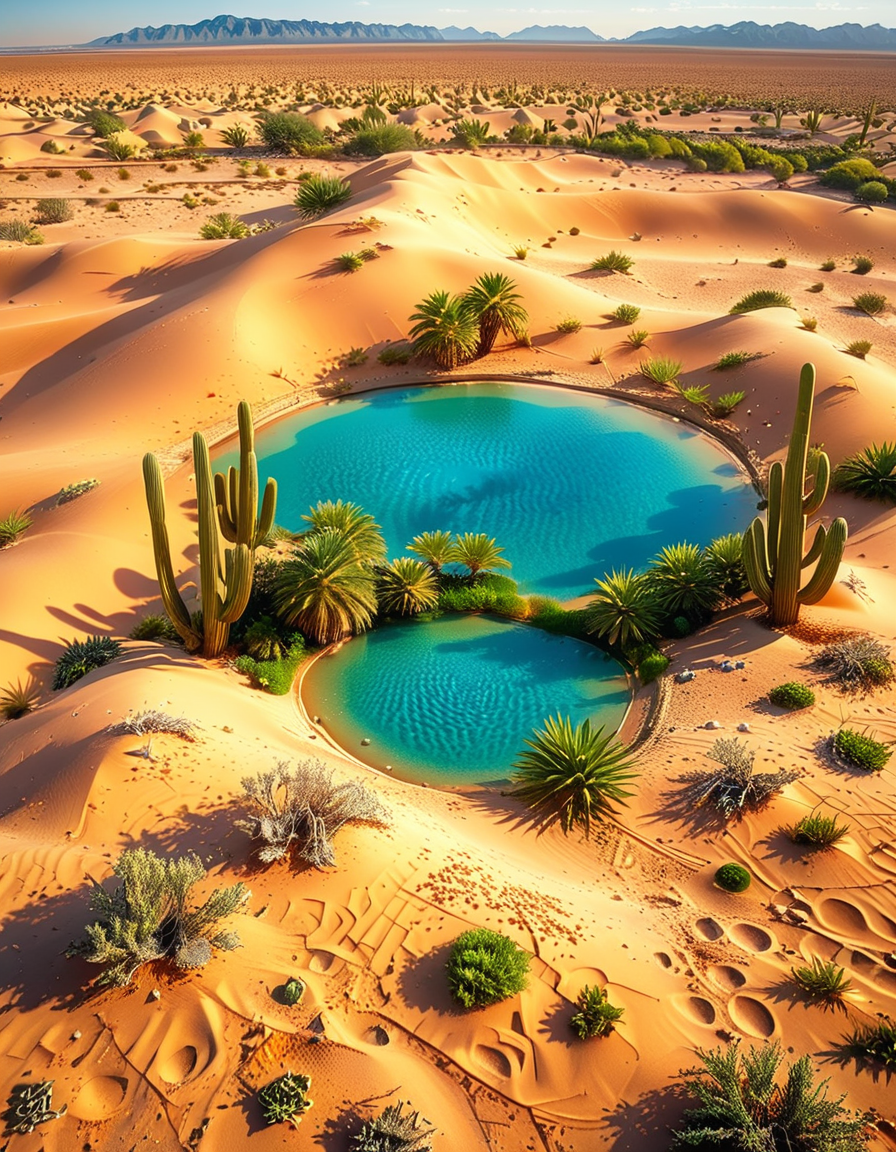 A serene oasis in the middle of an expansive golden desert, surrounded by rolling sand dunes under a vibrant blue sky. The oasis features a small, crystal-clear lagoon with calm, reflective water, bordered by lush green palm trees and colorful tropical plants. The scene is bathed in warm sunlight, with soft golden light illuminating the sand and creating subtle shadows among the dunes. In the background, faint silhouettes of distant mountains blend into the horizon. A few wisps of white clouds drift lazily in the sky, adding depth and texture to the composition. The overall atmosphere is peaceful and tranquil, evoking a sense of calm and wonder in the harsh desert landscape.<lora:SDXLFaeTastic2400:0.4> <lora:extremely_detailed:0.4> extremely detailed, <lora:O4s1s:1>,O4s1s, Masterpiece,best quality,hi res,8k,hi res,8k,award winning,(sharp focus, intricate, highly detailed),