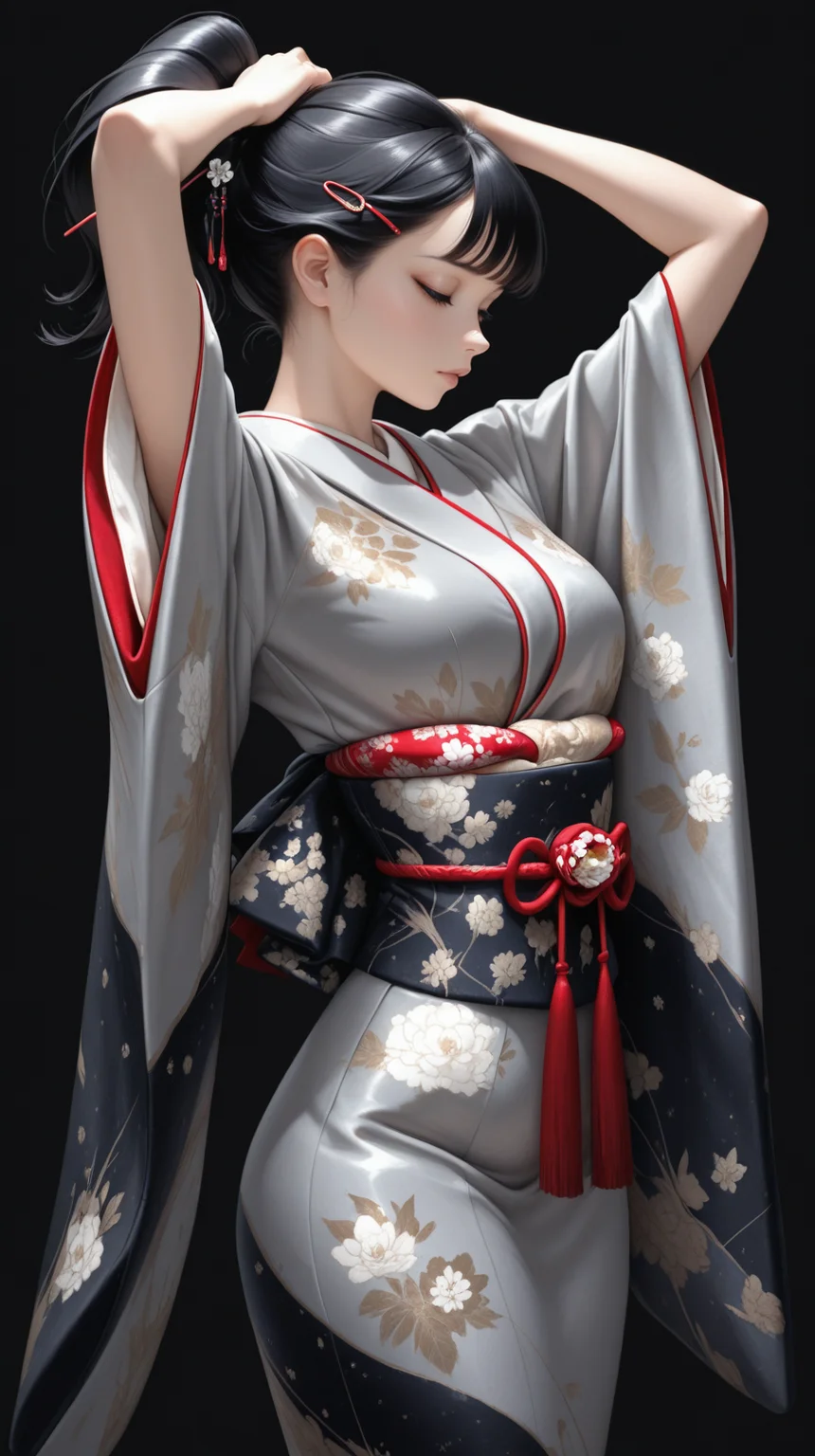 high_quality, highres, detailed, masterpiece, best quality, absurdres, woman wearing Jedgs, attire, ornate kimono, hairpins, black background, windblown ponytail, bangs, arms_up, long_shot, <lora:GeishaIL-000002:1>
