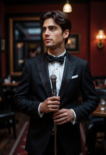 A closeup of a young man in a sleek black suit and bowtie, standing in a dimly lit jazz club. He holds a vintage microphone and looks off to the side, his face partially illuminated by a single spotlight, casting shadows that add a sense of mystery and timeless elegance.<lora:Flux.1_Turbo_Detailer.safetensors:0.7000000000000001:0.7000000000000001> <lora:Translucent_Colored_Glass_v02.safetensors:0.2:0.2>