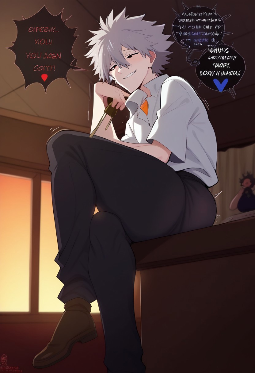 score_9, score_8_up, score_7_up, 1boy, smquanxi, masterpiece, perfect face, solo, single character, solo focus,
nagisa_kaworu, grey hair, hair between eyes, red eyes, white dress shirt, orange under shirt, tucked dress shirt, black jeans, undone belt, skin tight pants, slim waist, tall, thick male, (covered butt), thick thighs, half-closed eyes, looking at off-screen character, emotionless smile, completely focused on off-screen character, natural lighting, sitting, sitting on window, indoors, bedroom, ((from below, from side,)) Expressiveh, Expressiveh,yamathegod style, (...), arm over knee, casual sitting position, zero shame, zero shame at all, speech bubbles, speech bubbles from off-screen character, silent kaworu, kaworu imagining sloppy gay sex,