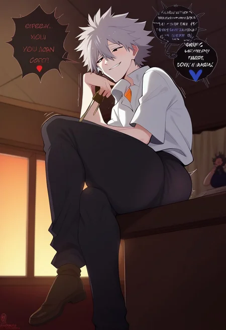 score_9, score_8_up, score_7_up, 1boy, smquanxi, masterpiece, perfect face, solo, single character, solo focus,
nagisa_kaworu, grey hair, hair between eyes, red eyes, white dress shirt, orange under shirt, tucked dress shirt, black jeans, undone belt, skin tight pants, slim waist, tall, thick male, (covered butt), thick thighs, half-closed eyes, looking at off-screen character, emotionless smile, completely focused on off-screen character, natural lighting, sitting, sitting on window, indoors, bedroom, ((from below, from side,)) Expressiveh, Expressiveh,yamathegod style, (...), arm over knee, casual sitting position, zero shame, zero shame at all, speech bubbles, speech bubbles from off-screen character, silent kaworu, kaworu imagining sloppy gay sex,