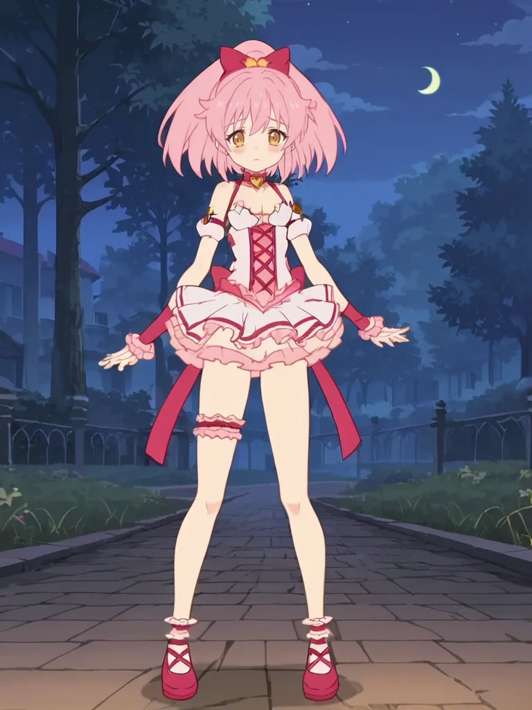 score_9, score_8_up, score_7_up, source_anime, 2D, anime_screencap,  <lora:Shirakawa_Yuni_-_Magical_Girl_Yuni_Defeat:1>,
1girl, solo, pink hair, ponytail, hair bow, yellow eyes, magical girl, choker, skirt, bridal garter, standing, outdoors, night,