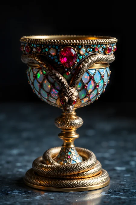 A cobra-shaped chalice rests on coiled golden base. The cobra's hood forms the cup's rim, decorated with inlaid opals that shift colors in the light. Its scales are crafted from overlapping plates of silver and rose gold, each one engraved with miniature serpentine patterns. The eyes are set with large rubies that cast red reflections into any liquid the chalice holds. Fantastic lighting. Detailed shadows.intricate details, vivid colors, hyper-detailed, ultra-sharp<lora:FluxMythR3alisticF:0.4><lora:midjourney_whisper_flux_lora_v01:0.4><lora:aidmaMJ6.1-FLUX-V0.1:0.4><lora:Movie_Portrait:0.4><lora:Flux DetailerV2:0.4>