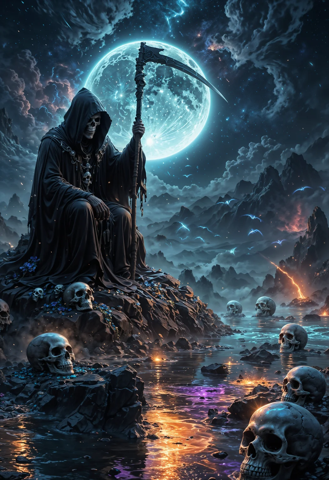 A high reflective obsidian material worn on the grim reaper sitting on skulls, surrounded by mist, glowing moonlight, auror borealis, and meteor showers; opalescent fantasy background, flowing waves of mists with skull statues in the foreground, brilliant opalescent colors, high resolution, high quality, high detail, sharp focus, intricate details, highly detailed digital painting, artstation style, concept art, smooth, sharp focus, ultra wide angle lens, f/2
OverallDetailXL <lora:SDXLFaeTastic2400:0.4> <lora:DetailMaximizer:0.55> detailmaximizer