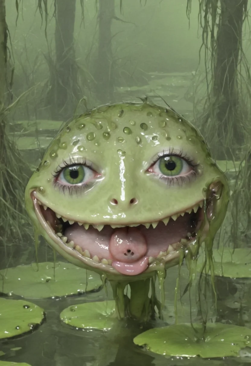weirdcore, y2kmad, DnD character concept art, rpg character art, big round staring eyes, swamp, amphibian woman, swamp queen, seductive swamp witch, green skin, a slimy girl, tongue hanging, long thin tongue, webbed feet, prehensile toes, realistic, high quality, detailed, staring round eyes <lora:y2kmadmix_v0.0.1:1>