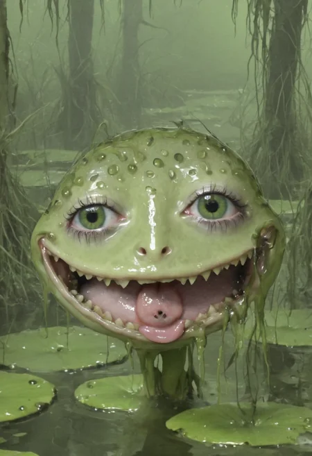 weirdcore, y2kmad, DnD character concept art, rpg character art, big round staring eyes, swamp, amphibian woman, swamp queen, seductive swamp witch, green skin, a slimy girl, tongue hanging, long thin tongue, webbed feet, prehensile toes, realistic, high quality, detailed, staring round eyes <lora:y2kmadmix_v0.0.1:1>
