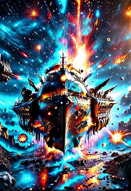 high quality, 8K Ultra HD, highly realistic, The great and sleek black ship is moving forward, blasting through space. It has powerful cannons facing forward that are unleashing powerful blue neutron beams upon an unseen foe. Embark on an enchanting 8K photorealistic journey as a magnificent starship blasts through a star system. The ship gracefully flies among other ships. The starship's design boasts advanced technological elements. The camera captures every minute detail, by VelvetS, octane render,from slightly to the side. perfectly symmetrical ship. Weapons fire blue energy beams,
<lora:DonM3t3rn1tyXL-v1.1:0.7>, DonM3t3rn1tyXL,
OverallDetailXL <lora:MJ52:0.3> <lora:SDXLFaeTastic2400:0.4>