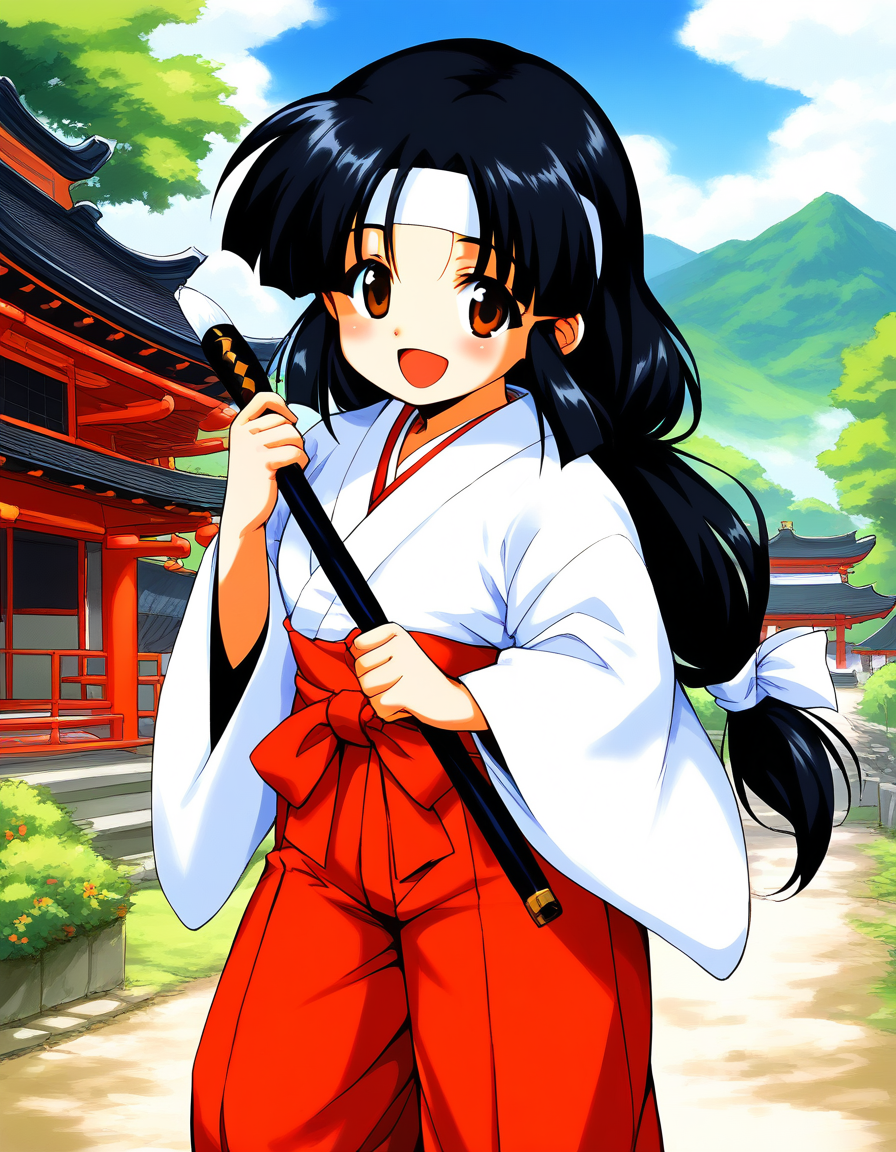 score_9, score_8_up, score_7_up, source_anime, rating_explicit, BREAK  <lora:Sayo-chan_TsukiyoSoushi_XL:0.8> Sayo-chan_TsukiyoSoushi, long hair, black hair, white headband, brown eyes, low-tied long hair, parted bangs, short stack,
japanese clothes, solo, ofuda, open mouth, red hakama, hakama,  wide sleeves, skirt, long sleeves, 
looking at viewer, smile,
scenery, outdoors, architecture, east asian architecture, sky