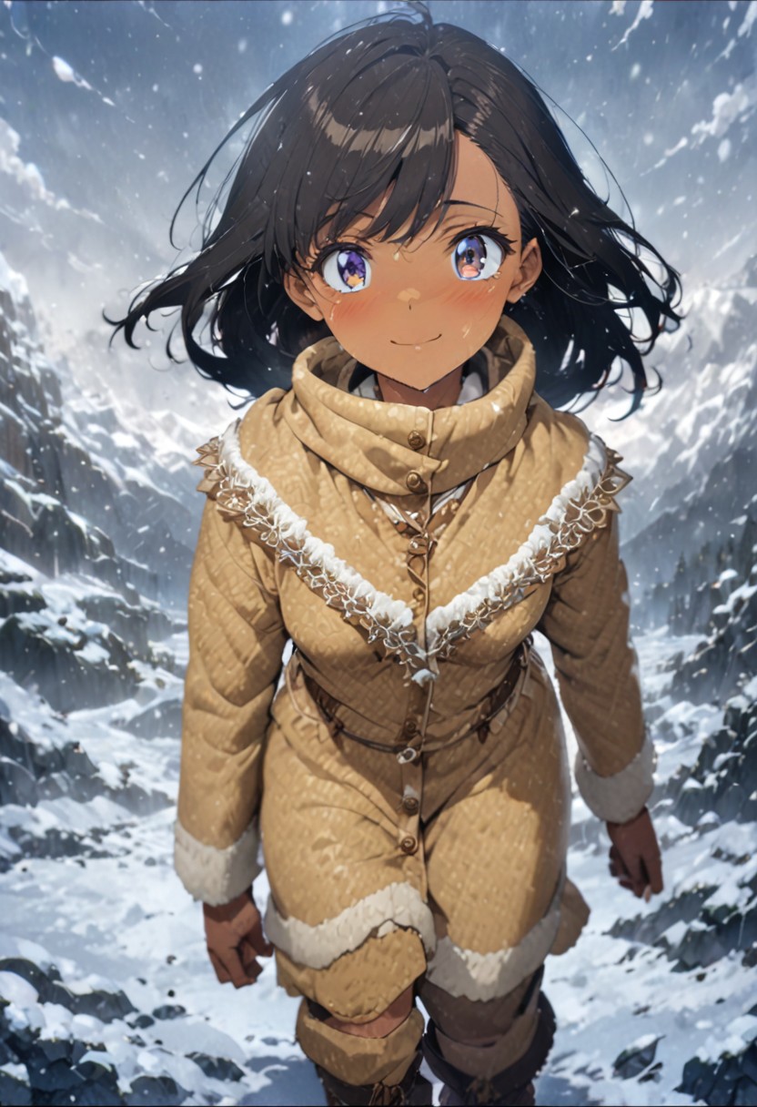 1woman, solo, long hair, black hair, long brown fur parka,  dark blue eyes, eyeliner, brown pants, gorgeous lips, brown skin, tan skin, walking, side swept bangs, brown mittens, brown snow boots, snow covered mountain trail, Himalayas,  snow falling, winter season, windy, white sky,  clouds against the mountain, steep, nature,  snow, charming smile, ultra detailed eyes, (masterpiece), (best quality), (ultra-detailed), very aesthetic, illustration, knee high snow, blizzard weather, perfect composition, intricate details, absurdres, 
(anime, masterpiece, intricate:1.3), (best quality, hires textures, high detail:1.2), (4k),(incredibly detailed:1.4), perfect anatomy, graceful face, slim, pointed nose, (nostrils:1.3), gorgeous lips, UHD, 8K, ultra detailed, a cinematic photograph of HDR photo, full body photo of a beautiful natural 27-year-old woman,