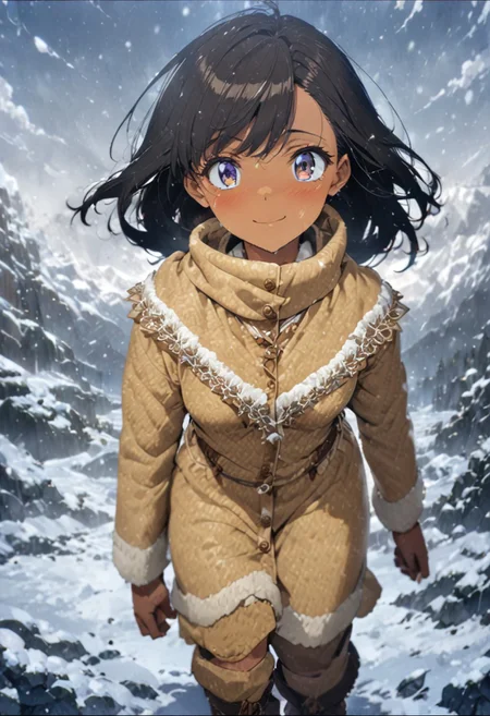 1woman, solo, long hair, black hair, long brown fur parka, dark blue eyes, eyeliner, brown pants, gorgeous lips, brown skin, tan skin, walking, side swept bangs, brown mittens, brown snow boots, snow covered mountain trail, Himalayas, snow falling, winter season, windy, white sky, clouds against the mountain, steep, nature, snow, charming smile, ultra detailed eyes, (masterpiece), (best quality), (ultra-detailed), very aesthetic, illustration, knee high snow, blizzard weather, perfect composition, intricate details, absurdres,
(anime, masterpiece, intricate:1.3), (best quality, hires textures, high detail:1.2), (4k),(incredibly detailed:1.4), perfect anatomy, graceful face, slim, pointed nose, (nostrils:1.3), gorgeous lips, UHD, 8K, ultra detailed, a cinematic photograph of HDR photo, full body photo of a beautiful natural 27-year-old woman,