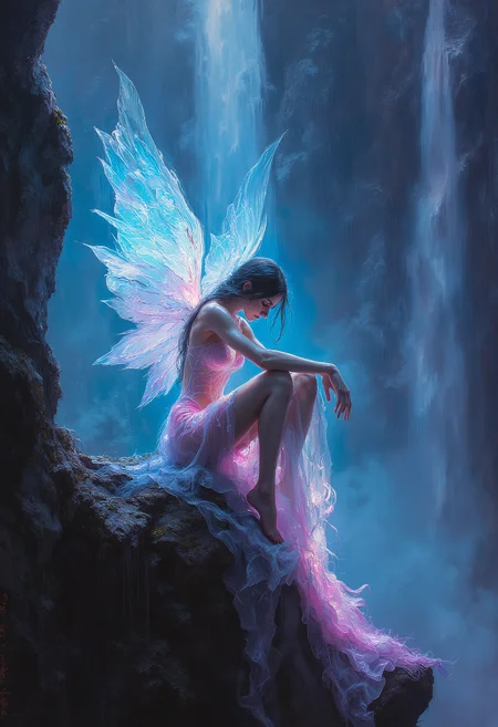 A rim lit woman with glowing translucent wings sitting on a cliff with head on knees crying, her wings broken, a great waterfall in the background, Vibrant Glow