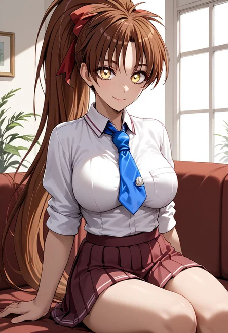 score_9, score_8_up, score_7_up, score_6_up, source_anime, Expressive,
KoumekaedePony, very long hair, brown hair, yellow eyes, big eyes, mole under eye, ponytail, high ponytail, red hair ribbon,large breasts,
school uniform, blue necktie, white shirt, dark red skirt,
Indoors, sitting on the sofa, (tilted head: 1.2) lustful eyes, closed mouth and smiling,