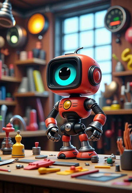 A cheerful robot with a big, expressive face standing in a futuristic workshop, surrounded by colorful tools and gadgets, a 3D render in the style of 3DMVIE