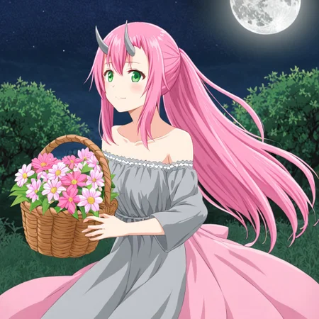 oni horns, shuna_tensura, long pink straight hair in a ponytail, dark live green eyes, wearing a long simply grey dress holding flowers in a basket in one hand, appears to be dancing under the moonlight