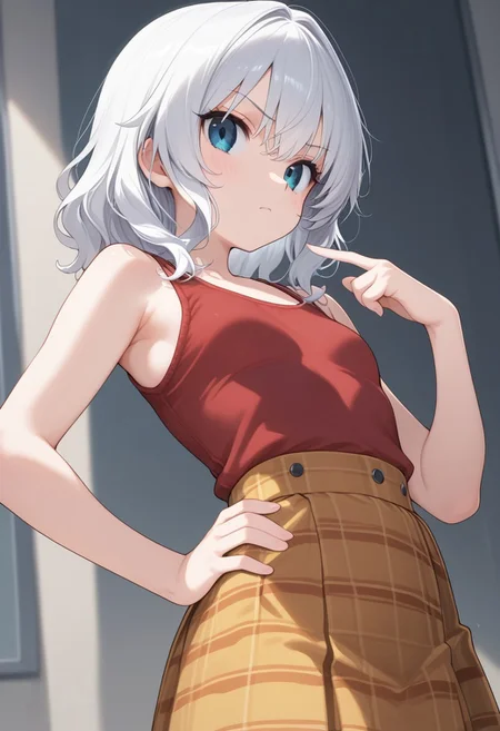score_9, MeganChan, looking at veiwer, hand on hip, wagging finger,