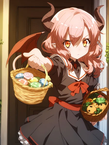 score_9,score_8_up,score_7_up,score_6_up,source_anime, shiny, shiny skin, <lora:haganai.pony:0.8>, <lora:MeMaXL_V3:0.8>, <lora:naipony2:0.8>,
in front of the door stood a (succubus) holding a candy basket filled with jack-o-lanterns, dressed in Imp (sailor suit) style, His flat chest was bandaged. Her suspenders were adorned with lace trim and a small bat sticker on her boyish face added to her cute, mischievous charm. She had a (devilish tail and wings), (brown-gray shoulder-length hair), a charming expression with her fingers on her lips, There was a faint pink flush on her cheeks.
