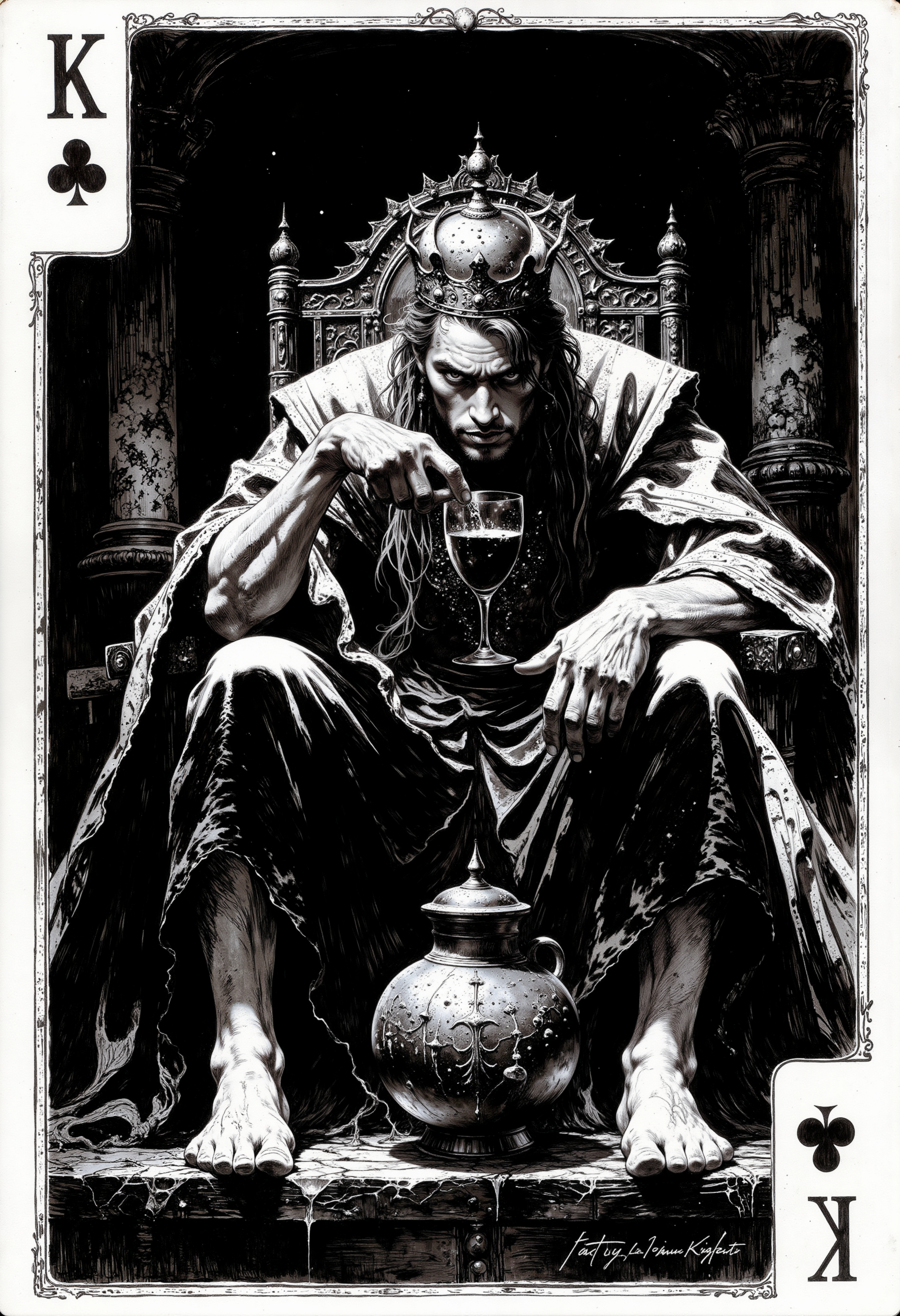 A detailed black and white pencil sketch that combines the following elements into a cohesive and harmonious design. King playing card design, featuring a young ruler with a majestic crown, depicted in a dark and mystical atmosphere, sitting in a throne, drinking wine. Impressionist style highlights intricate details and textures, with an emphasis on dramatic contrasts of black and white. King card, a regal figure with long, flowing hair and a crown. The scene is created in a hyperrealistic style, capturing intricate details of the character's weathered hands and ornate robe. Rich contrasts of black and white enhance the dramatic elements, with deep shadows and bright highlights.The King comes to life, emerging from the card as if it were passing through space.The overall mood is mysterious and regal, embodying a sense of lust and power., B&W, fantasy oil painting in the style of fr4z3tt4<lora:Flux/Frank_Frazetta_Style_Oil_Painting_flux.safetensors:0.4:0.4> <lora:Flux/Wraith_BW_Flux.safetensors:0.5:0.5> <lora:Flux/MysticFantasy.safetensors:0.5:0.5>