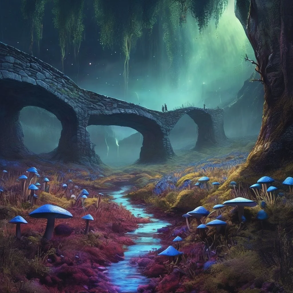 gigantic forest with blue leaves rains over a ground of of blue mushrooms with blue grass, purple moss and creepers grow in the cracks. mystical night sky. with the aurora borealis in the night  sky, high definition, 4k. mist has a thin layer of blood red in it. broken down futuristic vehicles litter the streets.  a gentle river flows along the scene having beautiful reflections of the environment. a bridge going across the river made of vines sits along the left side of the image.