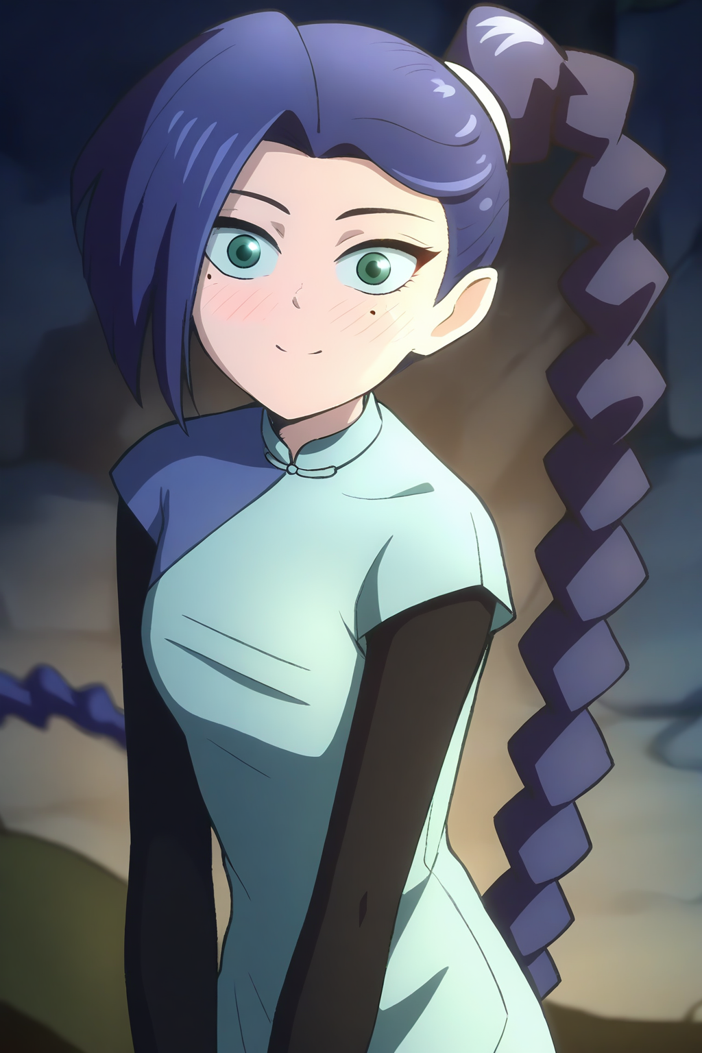 <lora:meihuashisan:1>,meihuashisan,1girl,solo,long hair,blue hair,mole,mole under eye,green eyes,
layered sleeves,short over long sleeves,braided ponytail,long sleeves,dress,blue dress,chinese clothes,braid,single braid,
smile,blush,light_blush,looking at viewer,, masterpiece,best quality,amazing quality,absurdres, anime screenshot, lazypos ,
