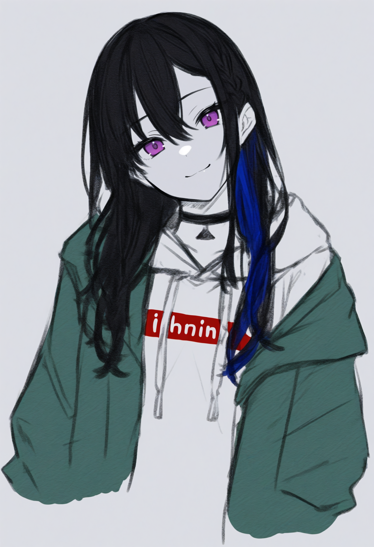 masterpiece, best quality, 1girl, solo, Ichin0seDef, purple eyes, multicolored hair, black hair, blue hair, long hair, braid, black choker, white hoodie, clothes writing, green jacket, off shoulder, spot color, greyscale, monochrome, lineart, sketch, graphite \(medium\), traditional media, cropped torso, looking at viewer, smile, head tilt, three quarter view, <lora:ChamIchinoseUruhaNoob:1>