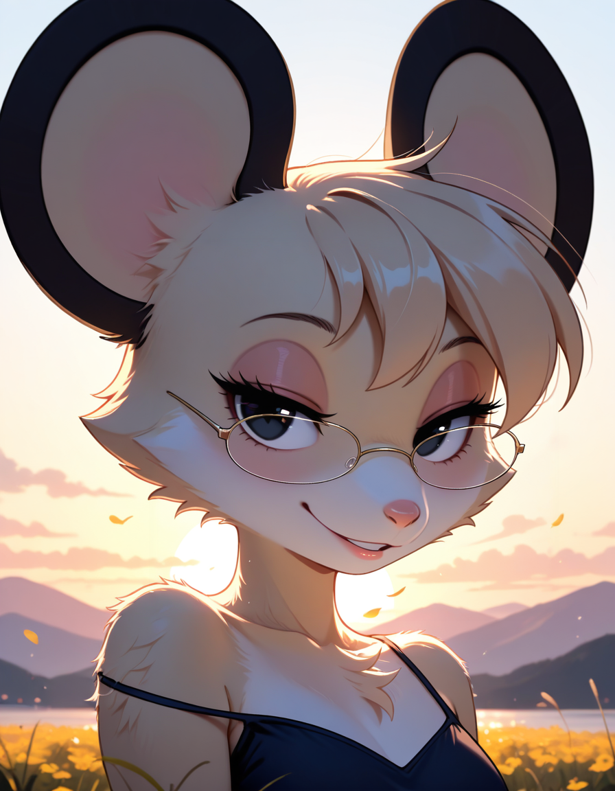 masterpiece, best quality, very aesthetic, absurdres,
outdoors, 
upper body, headshot, 
posing, 
 seductive smile, parted lips, long eyelashes,
<lora:Tamy_v01_NAIXL:1>
T4my,1girl,solo,furry,furry female,mouse girl,short hair,mouse ears,black eyes,glasses,animal nose,body fur,white fur,