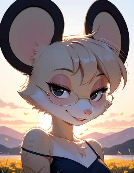 masterpiece, best quality, very aesthetic, absurdres,
outdoors, 
upper body, headshot, 
posing, 
 seductive smile, parted lips, long eyelashes,
<lora:Tamy_v01_NAIXL:1>
T4my,1girl,solo,furry,furry female,mouse girl,short hair,mouse ears,black eyes,glasses,animal nose,body fur,white fur,