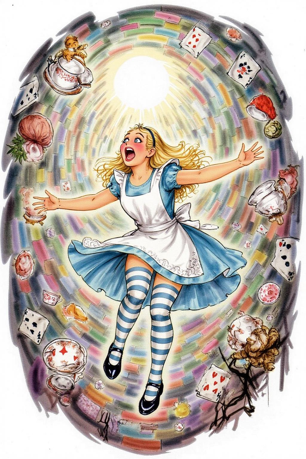 d0sn Illustration. Overhead view of Alice in Wonderland falling into the rabbit hole, with her legs dangling beneath her. She is looking upward, her face filled with shock and terror as she screams. Her blue dress and white apron billow out around her as she tumbles, while her striped stockings and black shoes are visible below. The rabbit hole is a swirling, chaotic mix of vibrant colors, playing cards, teacups, and other Wonderland objects floating around her. Soft glowing light emanates from the tunnel walls, adding an eerie, fantastical feel to the scene. The sense of motion and fear is palpable as Alice falls deeper into the unknown.  <lora:d0sn_illus7_cap_d6a3:1.0><lora:806131109378273571:0>