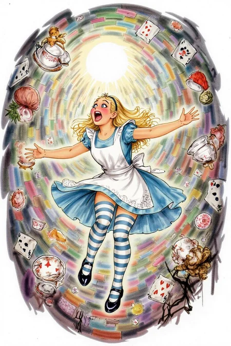 d0sn Illustration. Overhead view of Alice in Wonderland falling into the rabbit hole, with her legs dangling beneath her. She is looking upward, her face filled with shock and terror as she screams. Her blue dress and white apron billow out around her as she tumbles, while her striped stockings and black shoes are visible below. The rabbit hole is a swirling, chaotic mix of vibrant colors, playing cards, teacups, and other Wonderland objects floating around her. Soft glowing light emanates from the tunnel walls, adding an eerie, fantastical feel to the scene. The sense of motion and fear is palpable as Alice falls deeper into the unknown. <lora:d0sn_illus7_cap_d6a3:1.0><lora:806131109378273571:0>