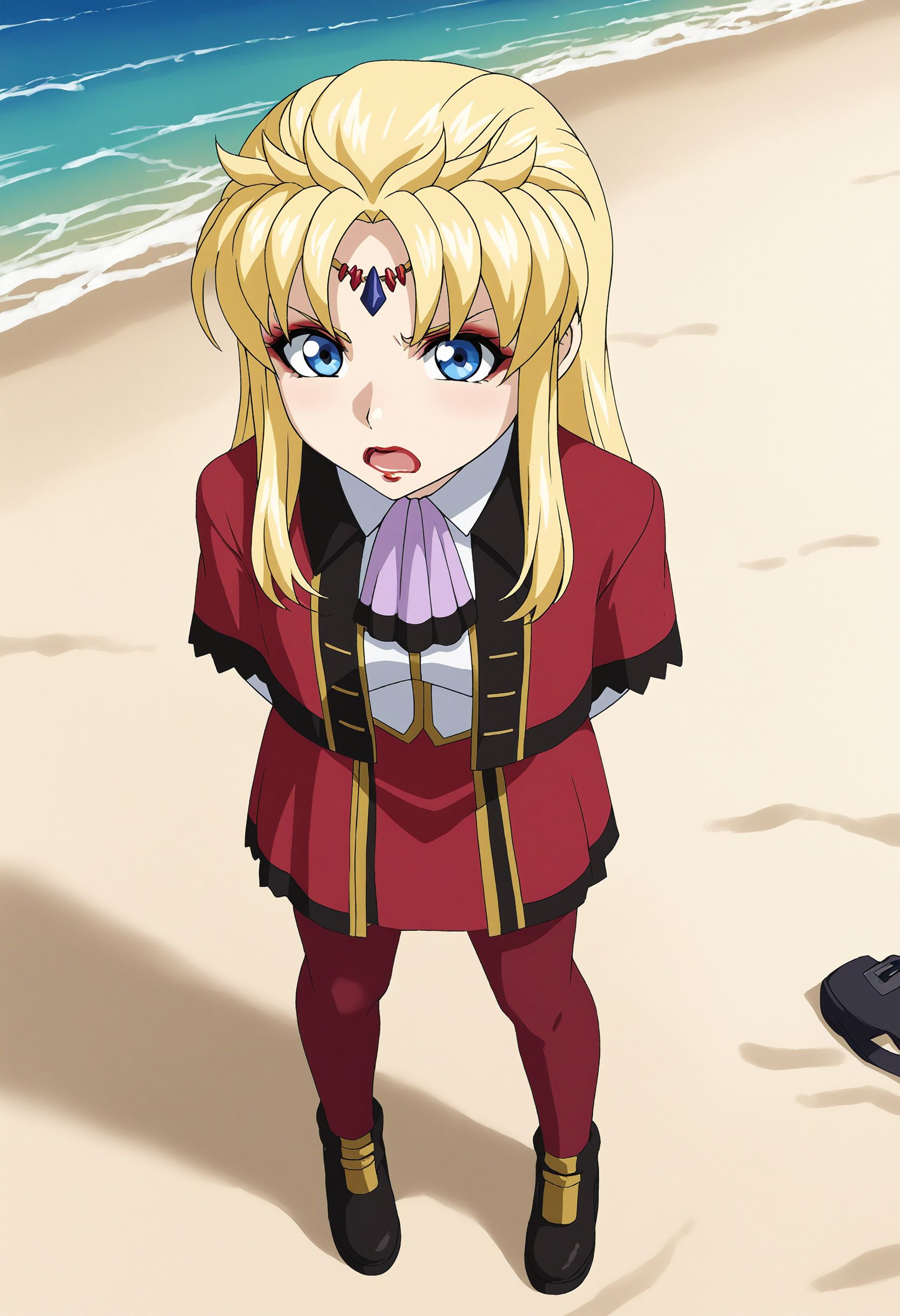 <lora:Hyper-SDXL-8steps-lora:1><lora:Fixhands_anime_bdsqlsz_V1:1> zPDXL2, score_9, score_8_up, score_7_up, source_anime, intricate details, perfect anatomy BREAK, 
BREAK
outdoors, beach, ocean, audience, crowd, arms behind back, downblouse, Disgusted, A wrinkled nose, raised upper lip, and a slightly open mouth., dynamic angle, 
1girl, solo <lora:GSF-aura50yo_XL(pony)v11:1> gsf-aura50yo, blonde hair, long hair, blue eyes, circlet, lipstick, makeup, gsf-aura50yo outfit, red capelet, white jacket, purple ascot, red skirt, red pantyhose, black shoes,