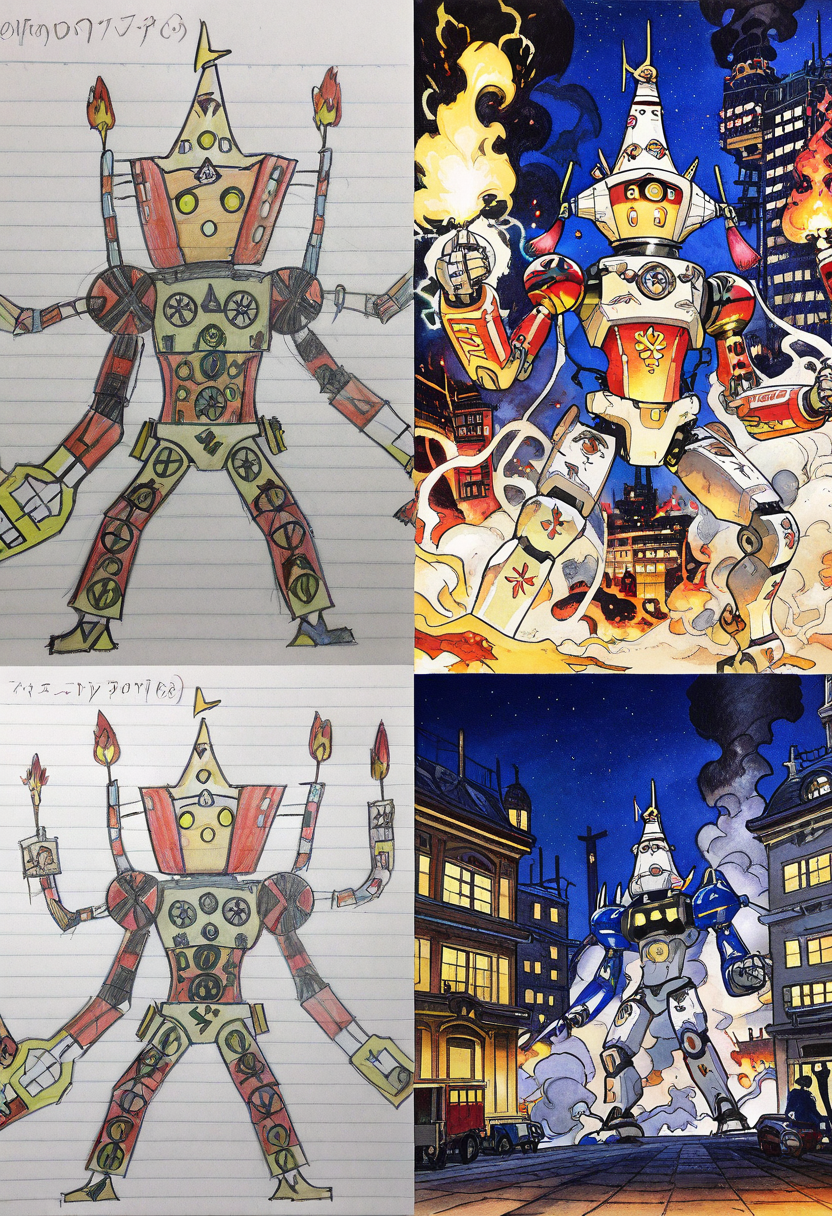 robot, fire, mecha, electricity, glowing, smoke, building, night    ,<lora:Pr0VsN00b:1.0>,