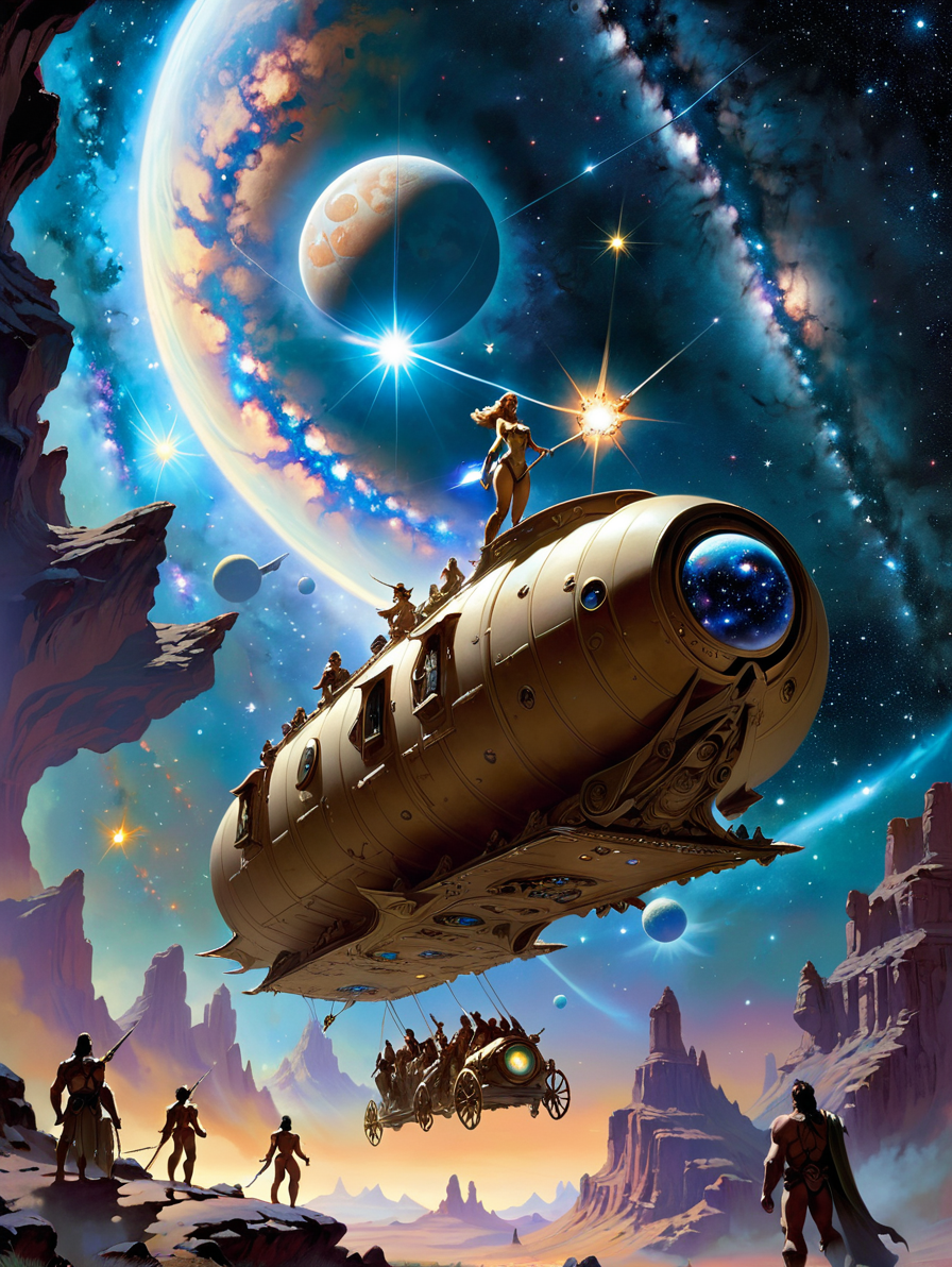 Celestial Caravan across the Milky Way ,  <lora:EnvyLiminalXL01:1> By frank frazetta and thomas kinkade and  Greg Rutkowski, trending on artstation