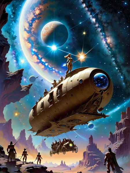 Celestial Caravan across the Milky Way ,  <lora:EnvyLiminalXL01:1> By frank frazetta and thomas kinkade and  Greg Rutkowski, trending on artstation