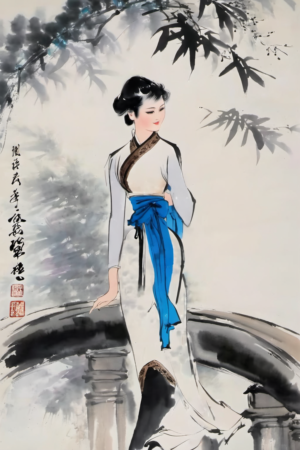 chinese ink painting, traditional media, liujiyou, 1 girl, solo, wearing cheongsam, standing on the bridge,  <lora:liujiyou-000008:0.8>