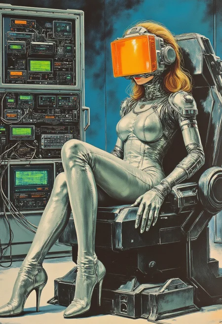 80s vintage pulp sci-fi magazine cover of a woman wearing an orange visor with wires that go into a large mainframe and a futuristic silver bodysuit. Sitting in a large mechanical chair in front of a large screen