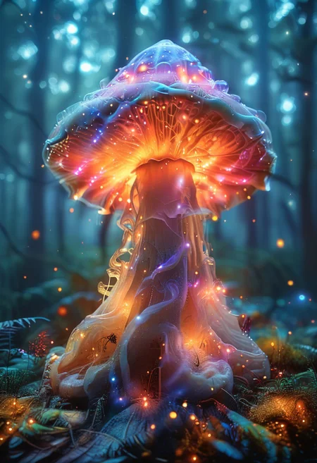 An enormous magical mushroom, colorful, glowing, bio-luminescence, misty enchanted forest, cosmic background, close-up
