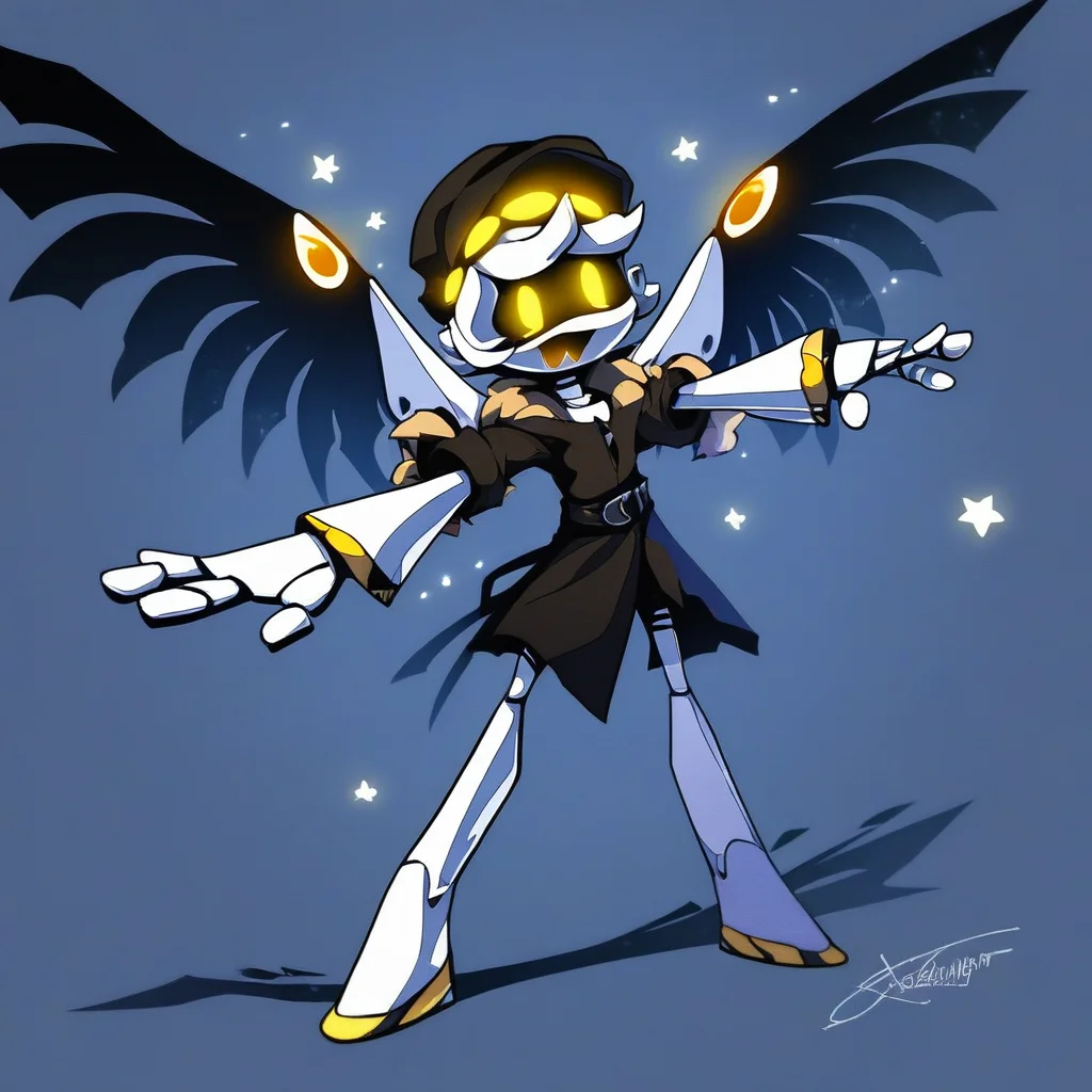 score_9, score_8_up, score_7_up, score_6_up, score_5_up, score_4_up, source_cartoon, 2D, sfw, full body, SerialDesignationN, Robot, Yellow Eyes, Screen Eyes, Yellow Visor, Coat, Hat, Pilot Cap, Wings, Opened Mouth, XD, outstretched arms, midair, starry sky background,