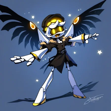 score_9, score_8_up, score_7_up, score_6_up, score_5_up, score_4_up, source_cartoon, 2D, sfw, full body, SerialDesignationN, Robot, Yellow Eyes, Screen Eyes, Yellow Visor, Coat, Hat, Pilot Cap, Wings, Opened Mouth, XD, outstretched arms, midair, starry sky background,