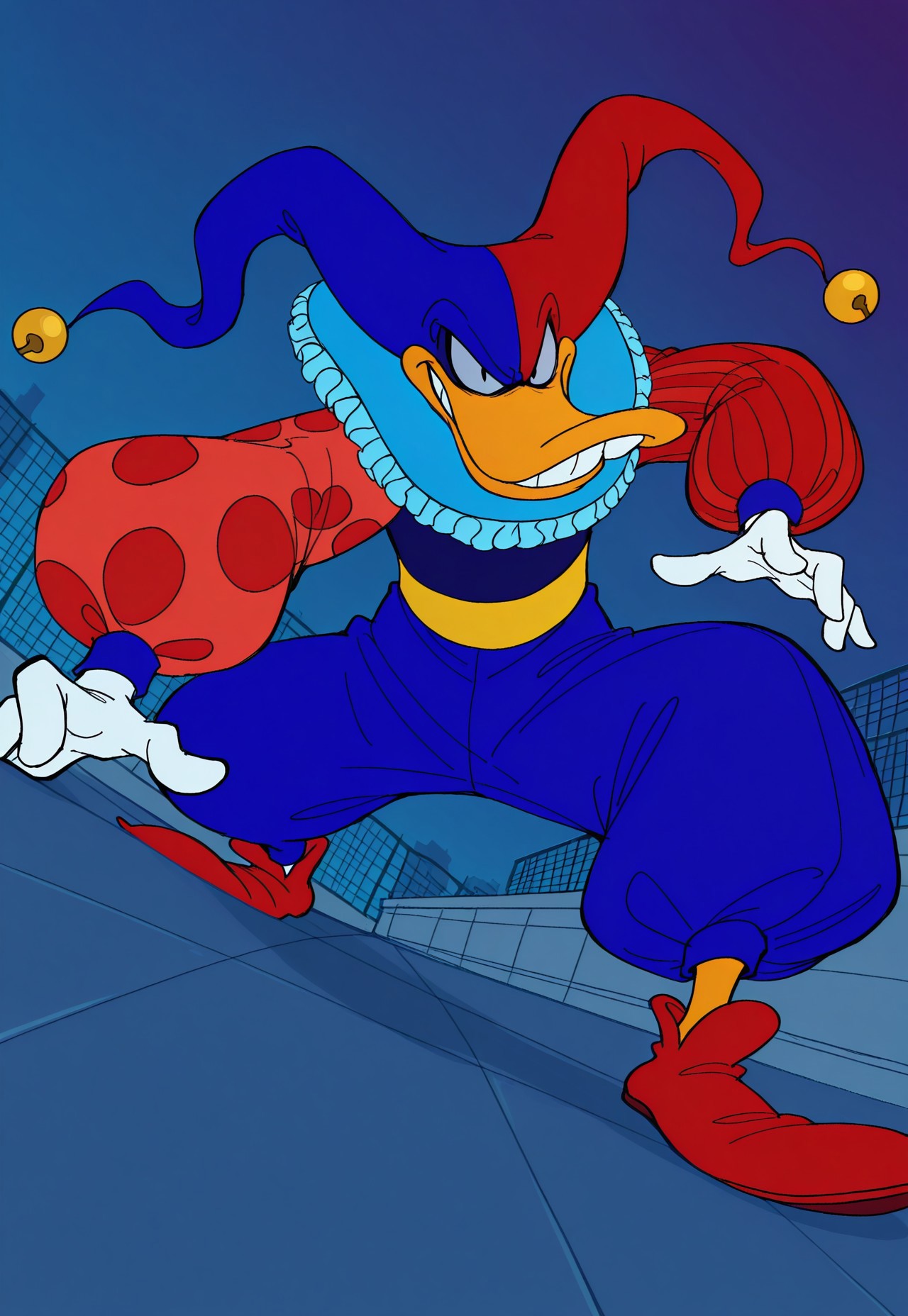 safe_pos, score_9, score_8_up, score_7_up, 1boy, solo, Quackerjack, furry, duck, jester cap, two-tone hat, hat bell, ruff, long puffy sleeves, mismatched sleeves, blue pants, red shoes, pointy footwear, evil smiling, rooftop setting, perspective, dynamic pose,