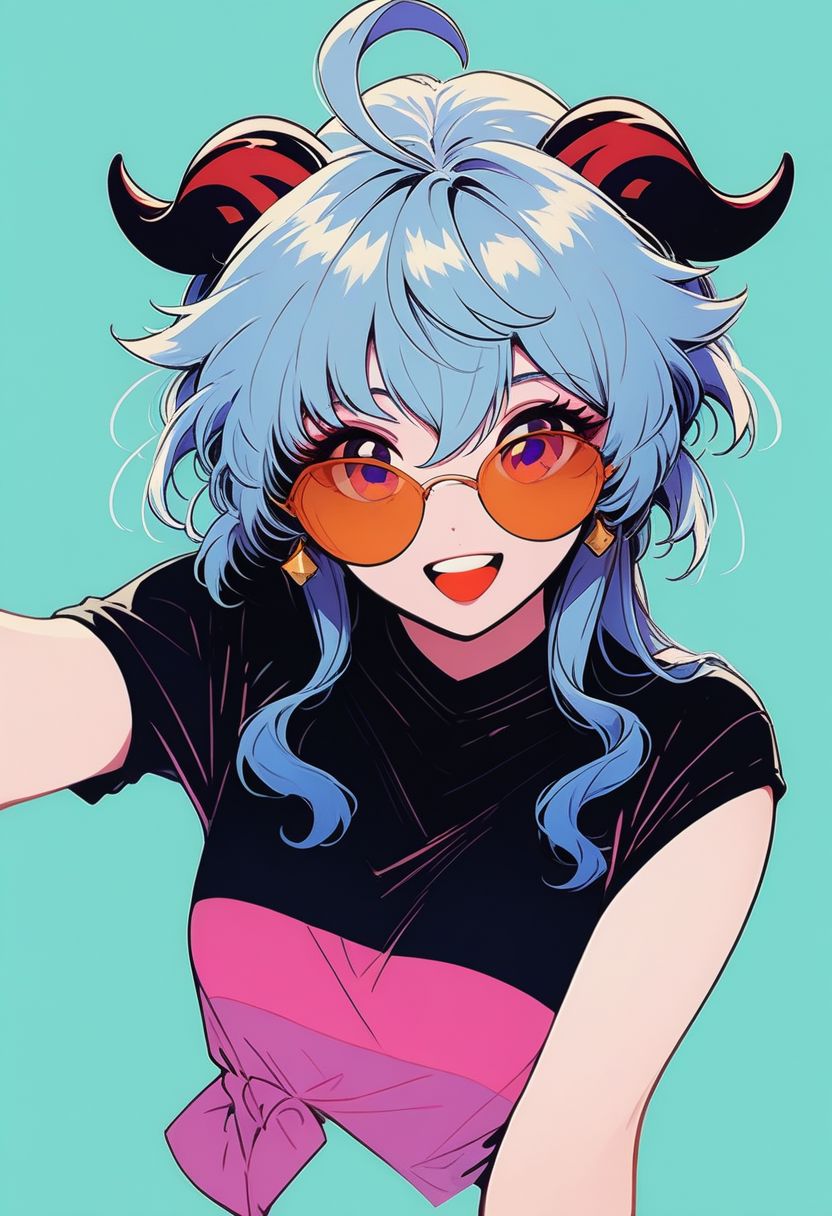 score_9, score_8_up, score_8, medium breasts, (curvy), cute, eyelashes,       
ganyu, 
long hair, low ponytail, ahoge, horns, 1girl, solo, looking at viewer, smile, smile, bangs, shirt, jewelry, blue hair, upper body, short sleeves, :d, earrings, black shirt, upper teeth only, sunglasses, tinted eyewear, aqua background, orange-tinted eyewear,
zPDXL,