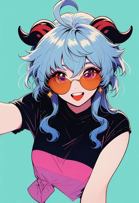 score_9, score_8_up, score_8, medium breasts, (curvy), cute, eyelashes,       
ganyu, 
long hair, low ponytail, ahoge, horns, 1girl, solo, looking at viewer, smile, smile, bangs, shirt, jewelry, blue hair, upper body, short sleeves, :d, earrings, black shirt, upper teeth only, sunglasses, tinted eyewear, aqua background, orange-tinted eyewear,
zPDXL,