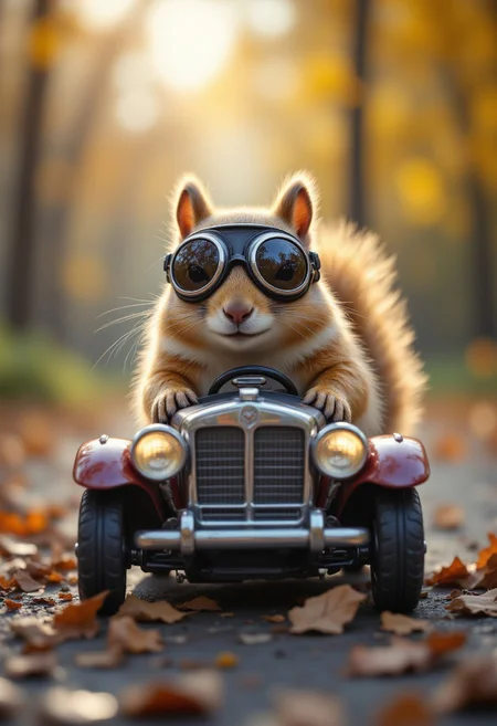 A squirrel in a miniature toy car, wearing aviator goggles, aidmafluxpro1.1, aidmaMJ6.1