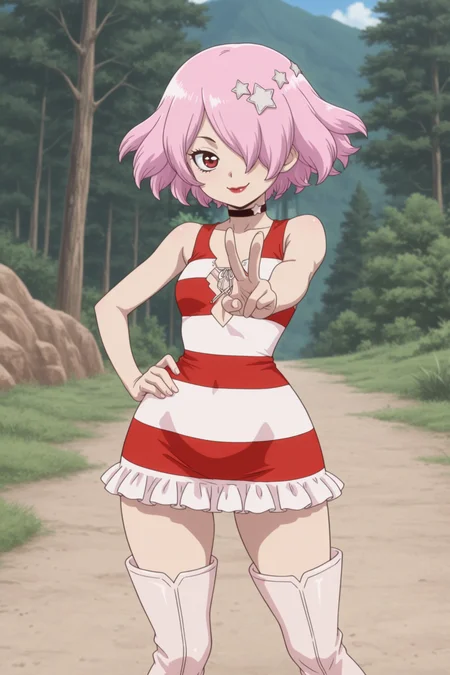 masterpiece, best quality, amazing quality, 1girl, lun4wr1ght, short hair, pink hair, star hair ornament, hair over one eye, red lips, red eye, black choker, striped dress, thigh boots, outdoors, v pose, hand on own hip, smile, standing, <lora:LunaWrightDrStoneILLUSTByJuninhoLara21:0.8>