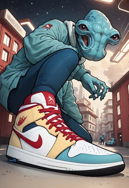 score_9, score_8_up, score_7_up, ithorian hammerhead alien, space station background, hud_sh03_sh0w, foreshortening, looking at viewer, sneakers. Nike
