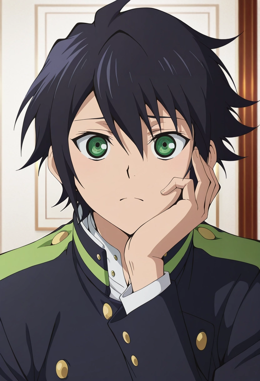 masterpiece, best quality, , anime screencap, anime coloring, official style, , 1boy, solo, male focus, <lora:yuuichirou_hyakuya_ilxl:1>, yuuichirou_hyakuya, black hair, green eyes, short hair, hair between eyes, , , modern art gallery, white walls, seated, hand on cheek, focused expression, gallery lighting,