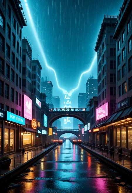 Physical characteristics of the bridge:
A large, futuristic bridge with elegant architectural lines and aerodynamic design.
Reinforced metal and glass construction, with neon light accents on the railings and under the bridge.
Support columns with built-in light panels that illuminate the bridge in different colors.
Lights and Screens:
Bright neon lights along the edges and base of the bridge that glow blue, green and pink.
Large holographic displays mounted on the columns and arches of the bridge that show advertising messages, news and visuals.
Laser projectors mounted on the roof of the bridge that create light effects and project images onto the bridge and the surrounding area.
Lighted paths along the pedestrian areas of the bridge that illuminate the way for passers-by.
Background and Environment:
Cyberpunk style cityscape with tall skyscrapers illuminated by neon signs and lights.
Streets covered in rain with lights reflecting in the wet surface creating a dramatic contrast.
Flying vehicles and drones patrolling the sky above the bridge and the city.
Atmosphere:
Bright neon lighting effects that highlight the details of the bridge and create a futuristic and dynamic atmosphere.
Muted neon colors that reflect in the wet surface of the street and bridge, creating a contrast between the modern and the traditional.
Dramatic light from neon signs and holographic displays that add depth and realism to the image.