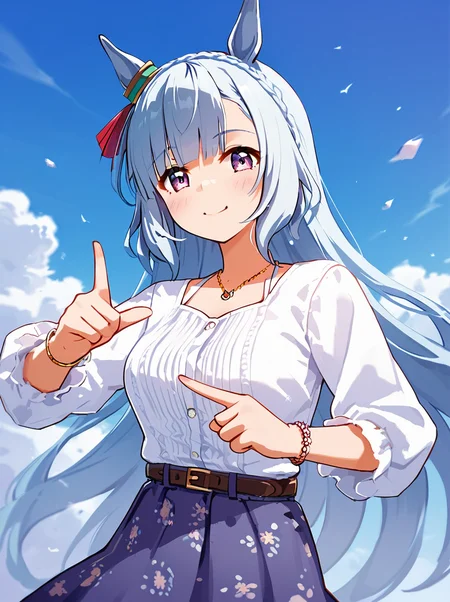 score_9, score_8_up, score_7_up, rating_safe, masterpiece, best quality, absurdres, source_anime,
mejiro ardan \(umamusume\), 1girl, horse ears, white shirt, pendant choker, smile, looking at viewer, arm up, ear ornament, blue high-waist medium length skirt, pointing, closed mouth, long sleeves, upper body, bracelet, brown belt, pointing up, blush, floral print, grey pantyhose
cowboy shot
<lora:pony_mejiro_ardan_ver1.012:0.9>