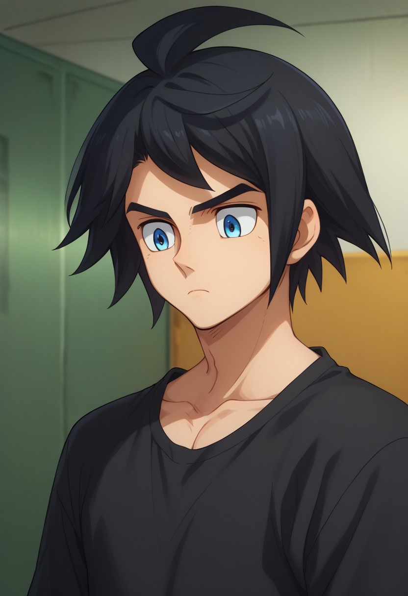 score_9, score_8_up, score_7_up, source_anime, highly detailed, 
mikazuki, 1boy, male focus, solo, blue eyes, black hair, ahoge, closed mouth, frown, collarbone, looking down, black shirt, shirt, bangs, short hair, indoors, upper body, 
indoor, hangar,