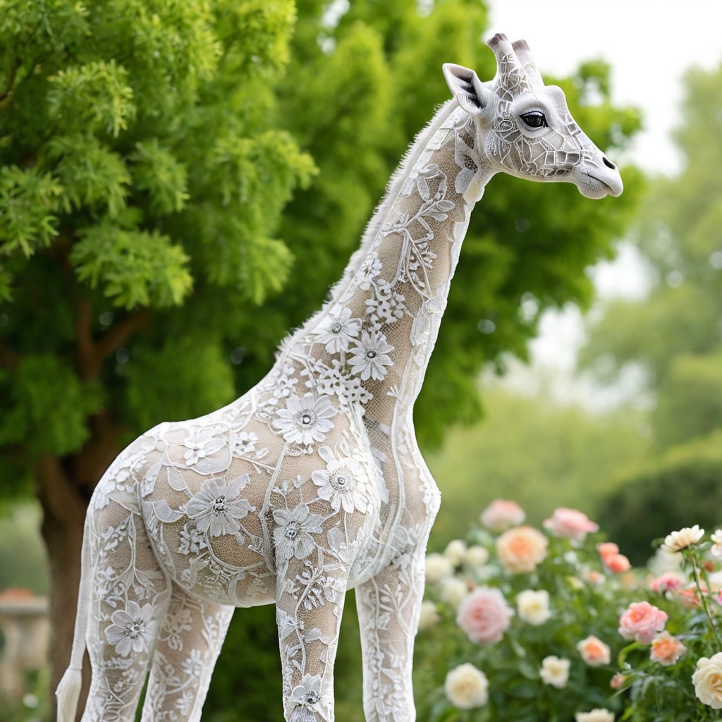 lazypos,high quality,masterpiece,ultra-high resolution,incredible composition,extremely detailed, 
madeoflace, a graceful giraffe entirely made of lace and embroidery, long neck formed from floral filigree, standing in a soft dreamscape garden, bokeh