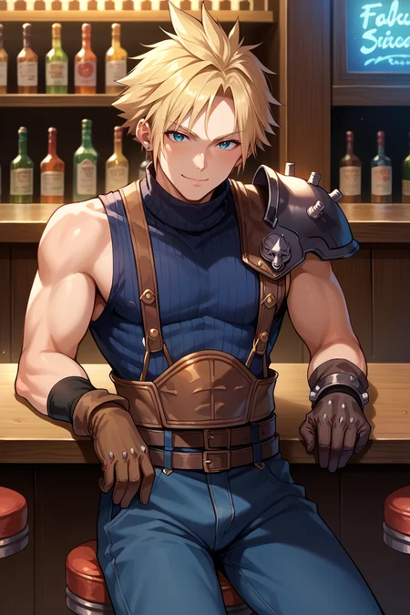 score_9, score_8_up, score_7_up, score_6_up, source_anime, 1boy, male focus, solo BREAK <lora:cloudstrife-pdxl-nvwls-v1-000006:0.9> defCloud, blonde hair, single earring, shoulder armor, sleeveless turtleneck, suspenders, belt, blue pants, baggy pants, gloves, bar, stool, counter, sitting, smile, looking at you