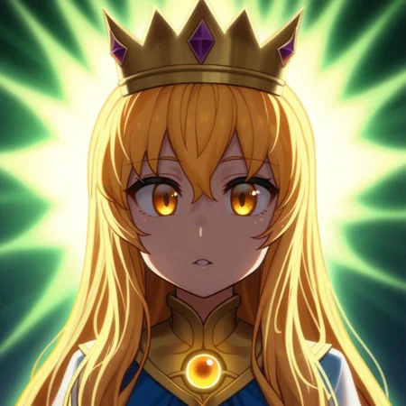 mana_sk style, portrait, focus on face, a radiant sun priestess girl with cascading golden hair glowing softly like sunlight, amber eyes filled with warmth, wearing a crown shaped like sun rays, her serene expression emanating peace, faint golden halos in the background, Japanese RPG style, divine and ethereal atmosphere, intricate details on her crown and glowing aura
